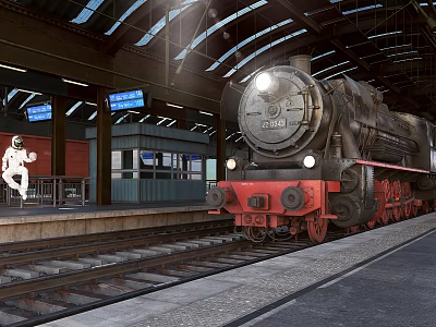 Vintage Steam Train At Station Platform With Arched Roof And Astronaut Sculpture 3d model