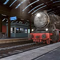 Vintage Steam Train At Station Platform With Arched Roof And Astronaut Sculpture