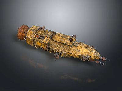 Weathered Yellow Cosmic Spaceship With Intricate Mechanical Structures And Propulsion Thrusters 3d model