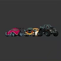 Colorful Cartoon Style Cars With Various Designs Parked On Gravel Parking Lot Surface