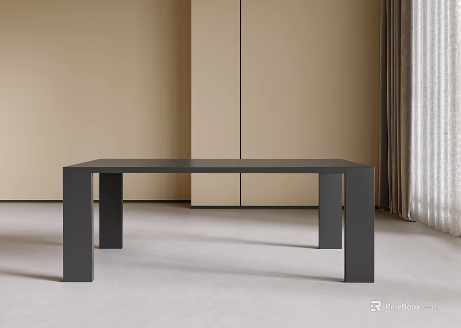 Black Rectangular Dining Table in Beige Room with Beige Walls and Curtains Light Colored Carpet 3d model 