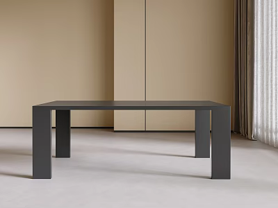 Black Rectangular Dining Table in Beige Room with Beige Walls and Curtains Light Colored Carpet 3d model