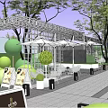 Outdoor Garden Landscape With White Lattice Pergola White Umbrellas Chairs Tables Green Bushes And Lighting