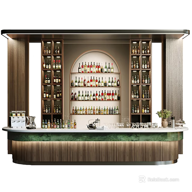 Modern Bar Interior Design With Wooden Wine Racks Various Bottles And Green Countertop 3d model 