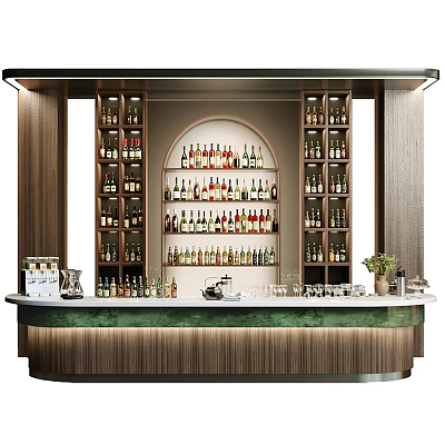 Modern Bar Interior Design With Wooden Wine Racks Various Bottles And Green Countertop 3d model