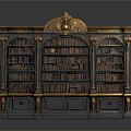 Antique Wooden Bookcase With Ornate Gold Accents Detailed Carvings And Multiple Shelves