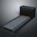 Industrial Black Equipment With Gray Conveyor Belt and Components Below and Red Glowing Side Section