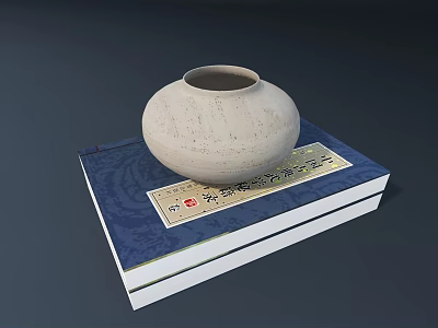 Traditional Textured Ceramic Jar Placed on Blue Book With Decorative Cover and Chinese Characters 3d model