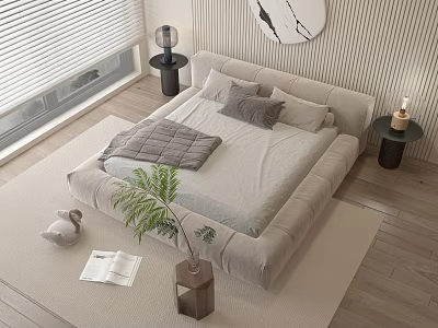 Modern Double Bed With Soft Bedding Plush Pillows Circular Wall Art Floor Lamp And Wooden Floor 3d model