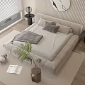 Modern Double Bed With Soft Bedding Plush Pillows Circular Wall Art Floor Lamp And Wooden Floor