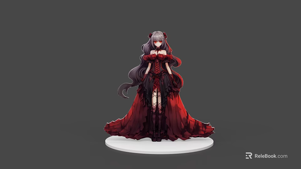 Gothic Game Character Design In Red And Black Dress With Long Hair 3d model 