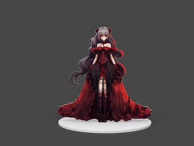 Gothic Game Character Design In Red And Black Dress With Long Hair 3d model