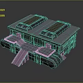 Cartoon Scene Of Large Building With Blue Roof Skylights Columns And Steps
