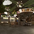 Food court dining area with LINK signage chandeliers green plants and brick counter