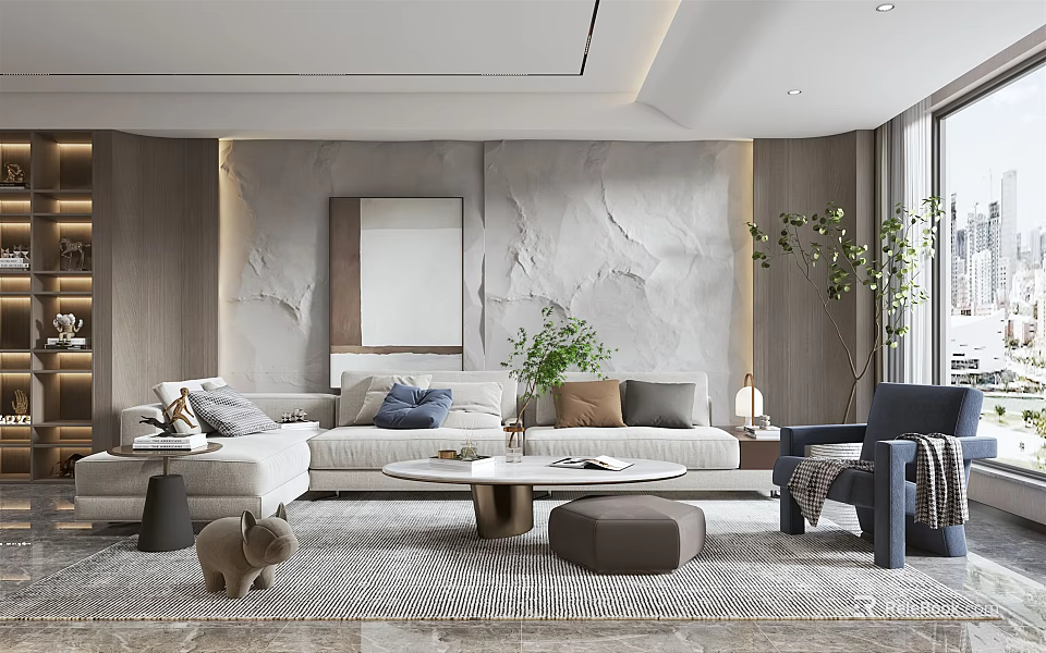 Modern Living Room Interior Design With Sofa Coffee Table Patterned Rug And Textured Wall 3d model 