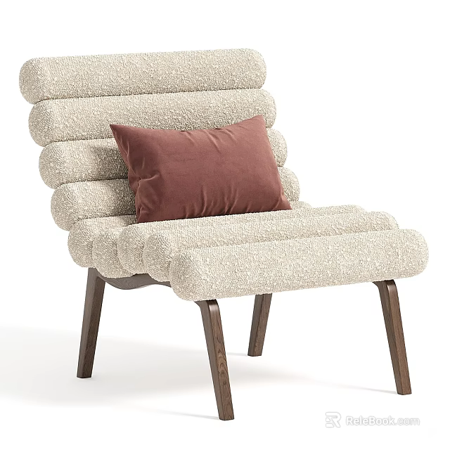 Stylish Cream Boucle Upholstered Leisure Chair With Elegant Solid Wooden Legs And Soft Velvet Pillow 3d model 