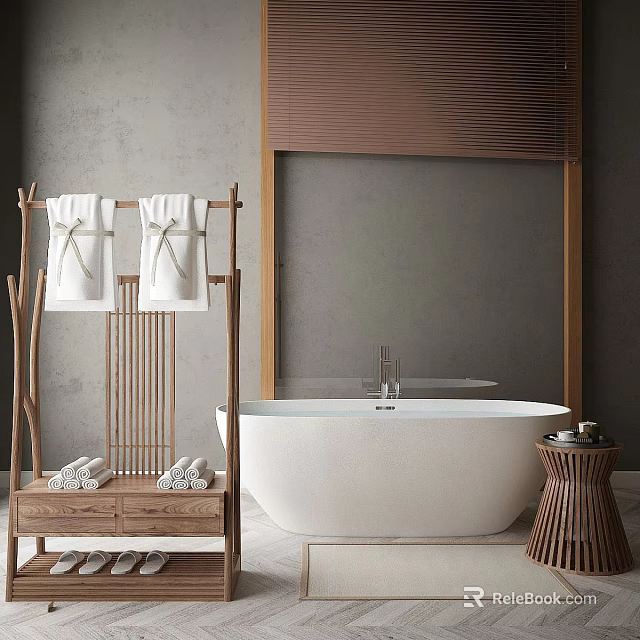 Freestanding White Bathtub with Wooden Towel Rack Gray Wall and Towels 3d model 