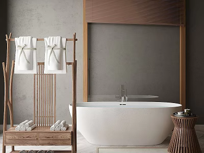 Freestanding White Bathtub with Wooden Towel Rack Gray Wall and Towels 3d model