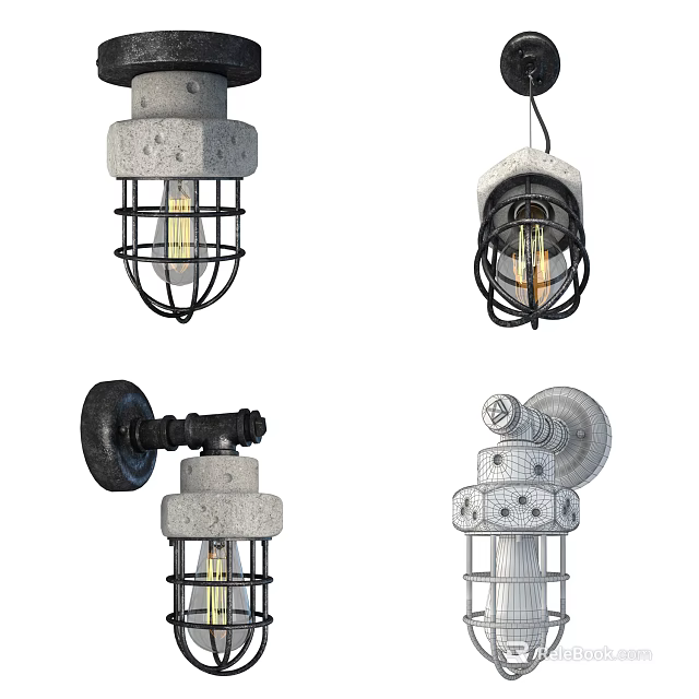 Industrial Style Wall Lights With Concrete Base And Metal Cage Shades 3d model 