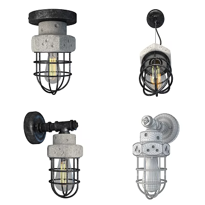 Industrial Style Wall Lights With Concrete Base And Metal Cage Shades 3d model