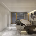 Modern Hair Beauty Salon Interior With Arched Wooden Decor Round Mirrors Chandeliers And Hairdressing Chairs