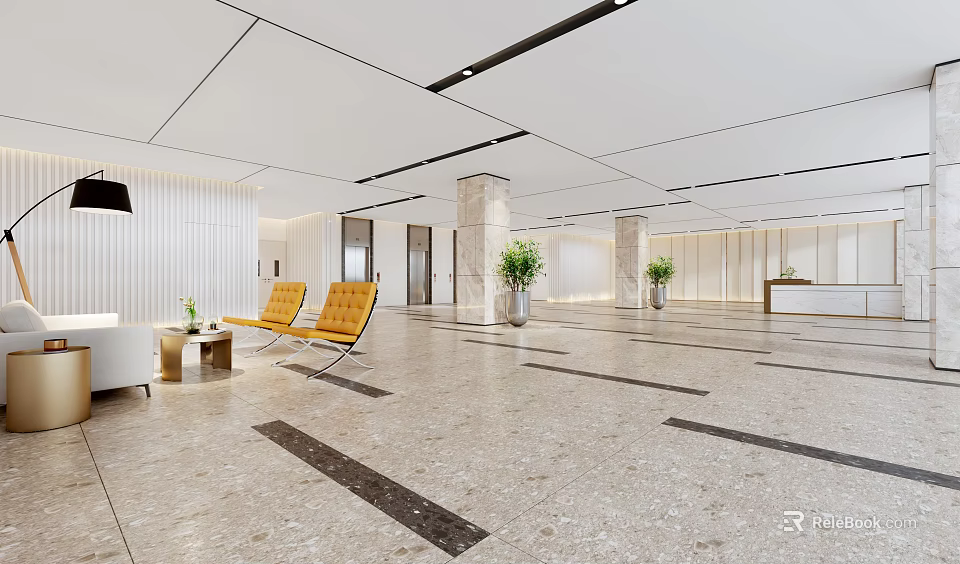 Modern Front Desk Reception Area With Yellow Chairs Potted Plants And Marble Floor Design 3d model 