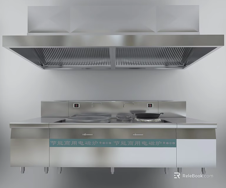 Silver Professional Stainless Steel Kitchen Appliances With Range Hood And Cooktop 3d model 