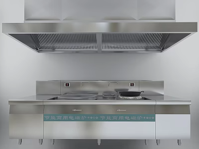 Silver Professional Stainless Steel Kitchen Appliances With Range Hood And Cooktop 3d model