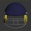 Blue Sports Helmet With Yellow Ear Guards And Metal Face Grill