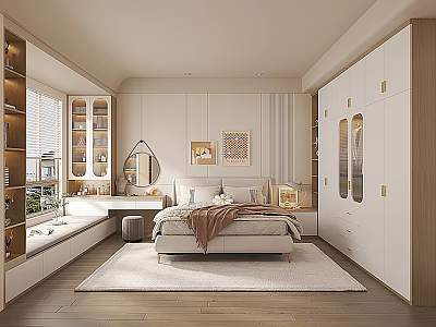 Modern Bedroom Interior With White Wardrobes Wooden Flooring And Comfortable Bed 3d model
