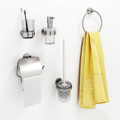 Bathroom Accessories With Toothbrush Holder Soap Dispenser Towel Ring Toilet Paper Holder And Yellow Towel 3d model
