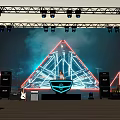 Professional Stage DJ Equipment Setup With Neon Triangle Backdrop Lighting And Sound Systems 3d model