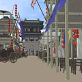 Ancient Chinese Architectural Gate Tower With Traditional Style Red Lanterns And Archways