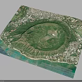 Aerial View Of Circular Green Natural Landscape Surrounded By Mountains And Coastal Residential Areas