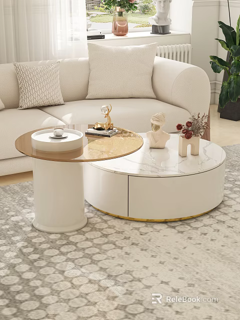 Modern Luxury Round Coffee Table With Marble Top White Base Gold Trim And Decorative Items 3d model 