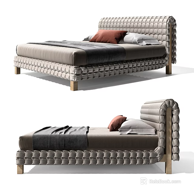 Modern Double Bed With Tufted Headboard Wooden Legs And Soft Pillows 3d model 
