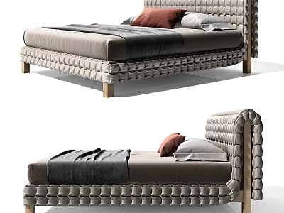Modern Double Bed With Tufted Headboard Wooden Legs And Soft Pillows 3d model