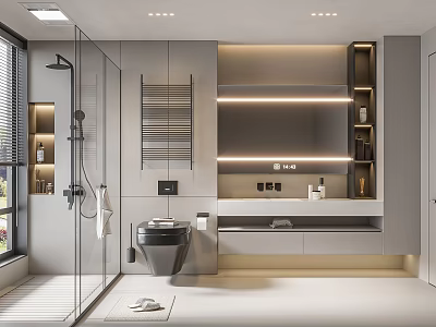 Modern Bathroom Interior With Open Shower Smart Toilet Marble Countertop Recessed Lighting And Gray Tones 3d model