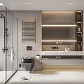 Modern Bathroom Interior With Open Shower Smart Toilet Marble Countertop Recessed Lighting And Gray Tones