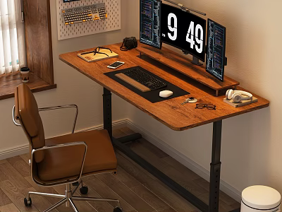 Wooden Desk With Metal Frame Three Monitors Keyboard Mouse And Brown Office Chair 3d model