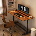 Wooden Desk With Metal Frame Three Monitors Keyboard Mouse And Brown Office Chair