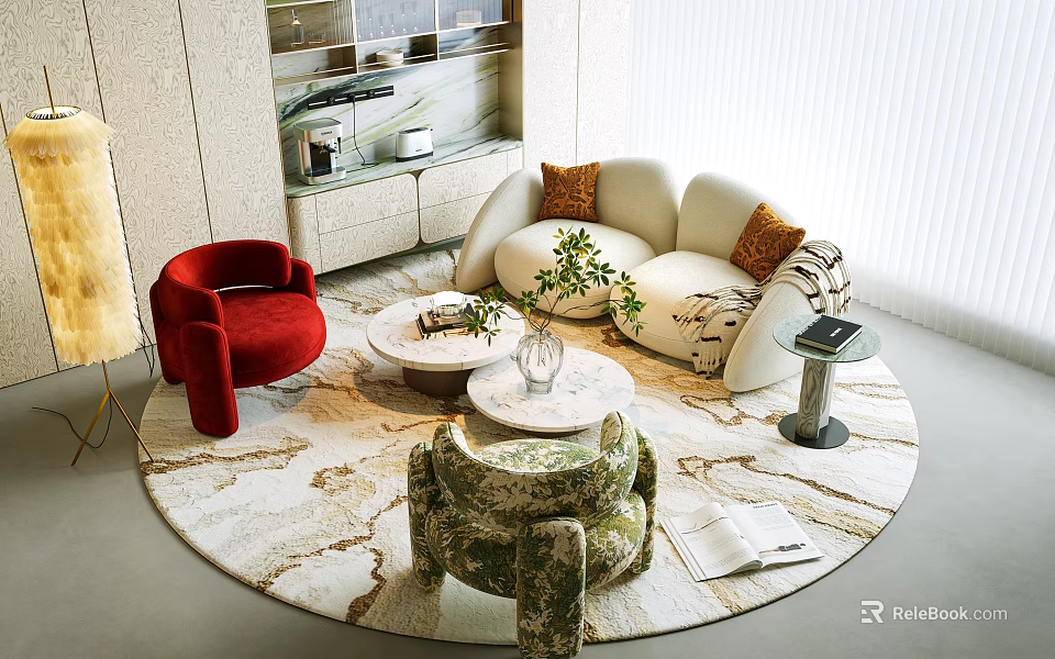 Modern Curved Upholstered Sofa And Marble Coffee Table Set For Cozy Stylish Living Room Furnishing 3d model 