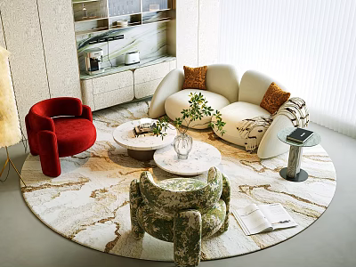 Modern Curved Upholstered Sofa And Marble Coffee Table Set For Cozy Stylish Living Room Furnishing 3d model