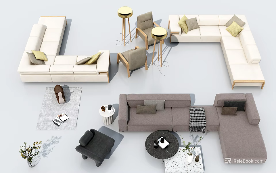 Modern Sofa Coffee Table Combination With L Shaped Gray Sofas Decorative Pillows And Accent Chairs 3d model 
