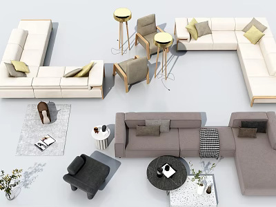 Modern Sofa Coffee Table Combination With L Shaped Gray Sofas Decorative Pillows And Accent Chairs 3d model