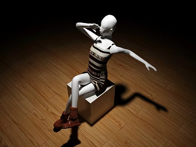 Mannequin Wearing Striped Dress Sitting On White Cube On Wooden Floor 3d model