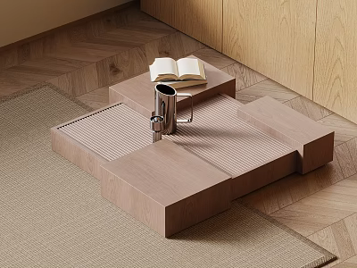 Modern Wooden Coffee Table With Open Book And Metal Container On Layered Geometric Design 3d model