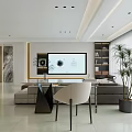 Modern Living Dining Room Interior With TV Wall Fireplace And Coffee Tables