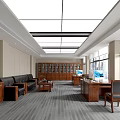 Modern Office Interior With Wooden Bookshelves Desk Sofa Coffee Table And Large Windows