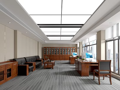 Modern Office Interior With Wooden Bookshelves Desk Sofa Coffee Table And Large Windows 3d model